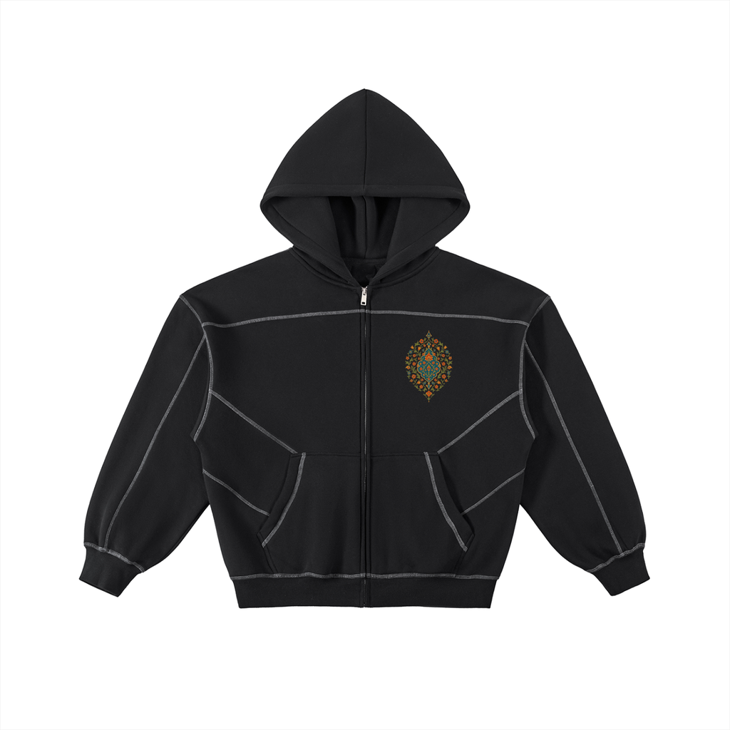Contrast-Stitched Boxy Fleece Zip Hoodie